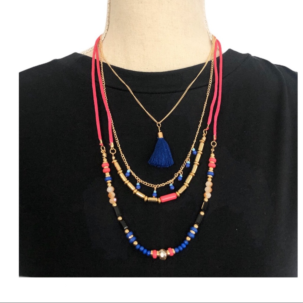 Tassel and beads gold chain and cord Boho necklace